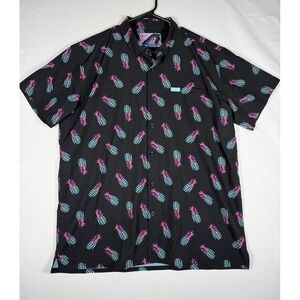 Retro Rifle Shirt Mens XL Painkiller Button Up Short Sleeve Neon Hawaiian